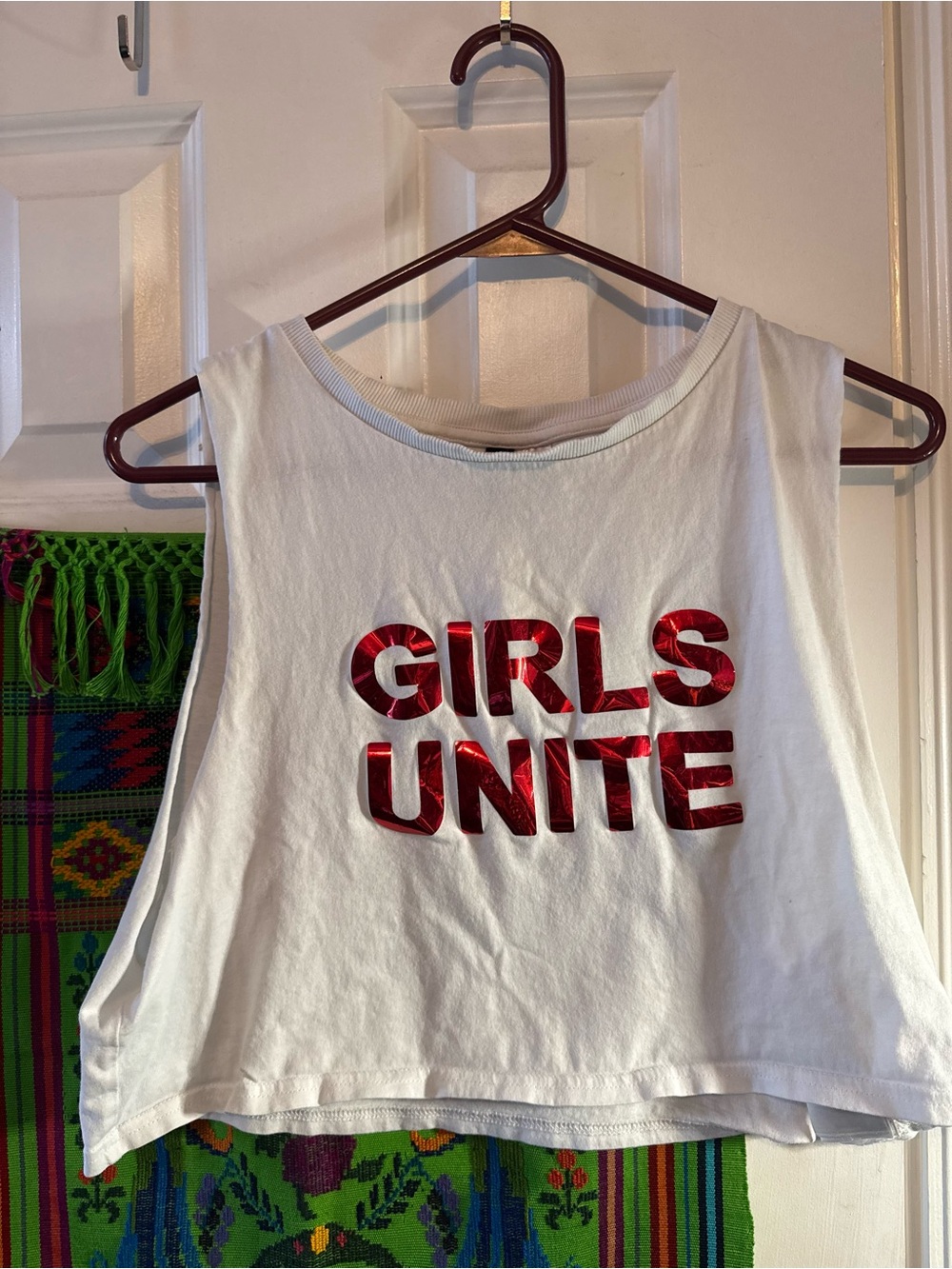 Divided White Cropped Tank with Red Foil 'GIRLS UNITE'